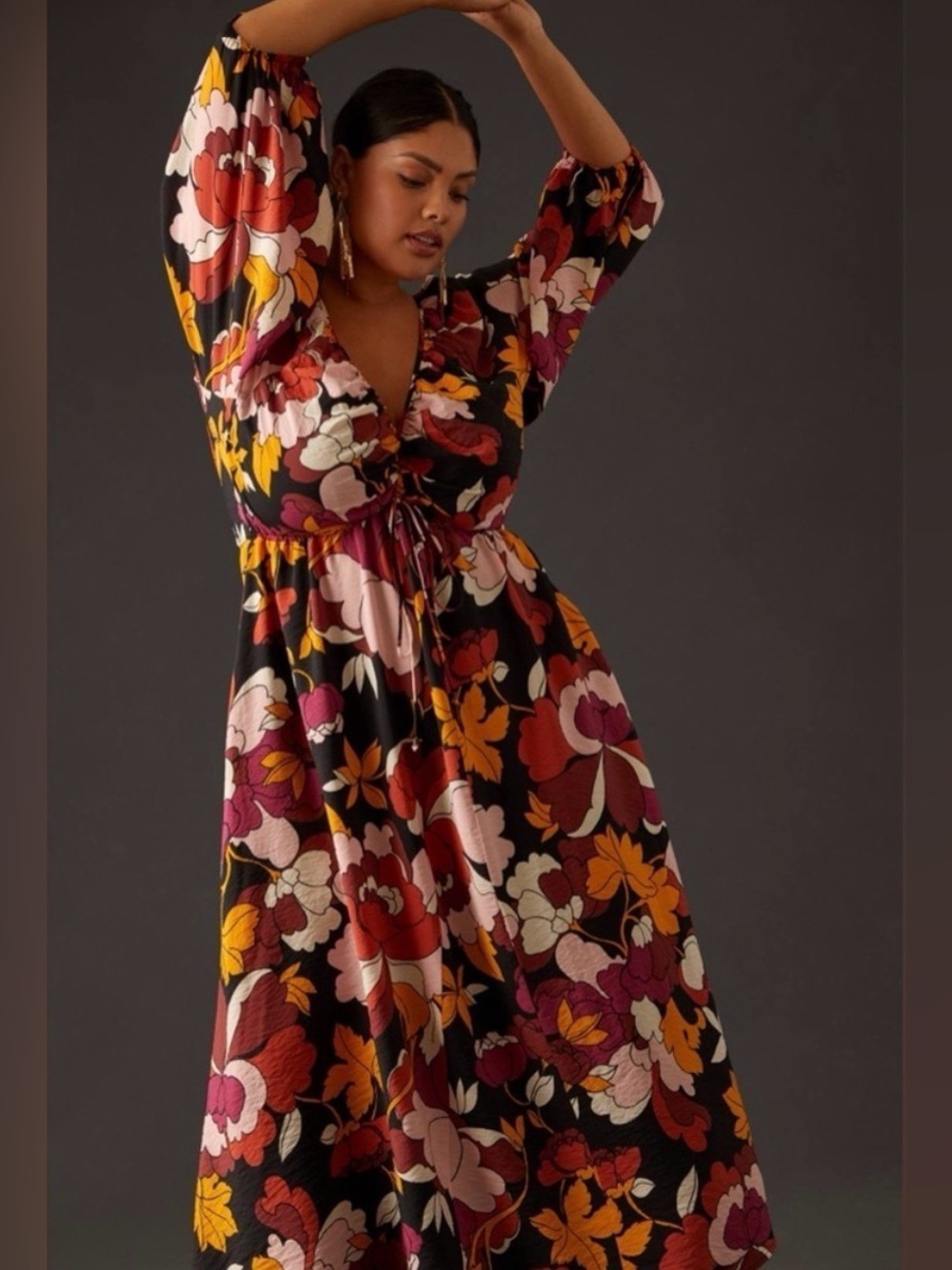 Anthropologie Maeve Deep-V Ruched Midi Dress Size 14